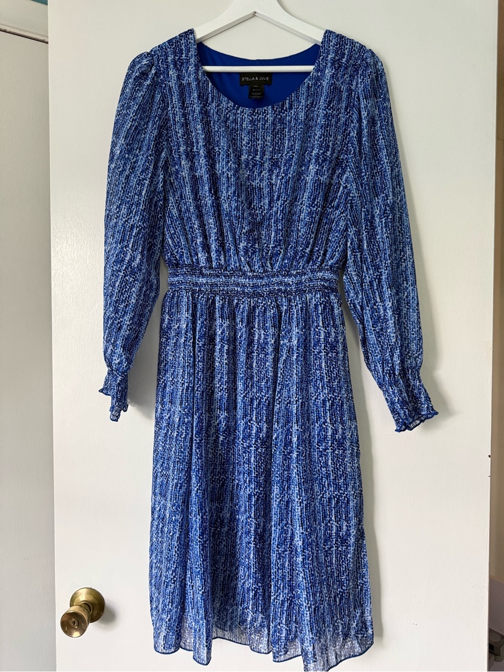 Stella & Dot Blue Patterned Long Sleeve Smocked Waist Midi Dress